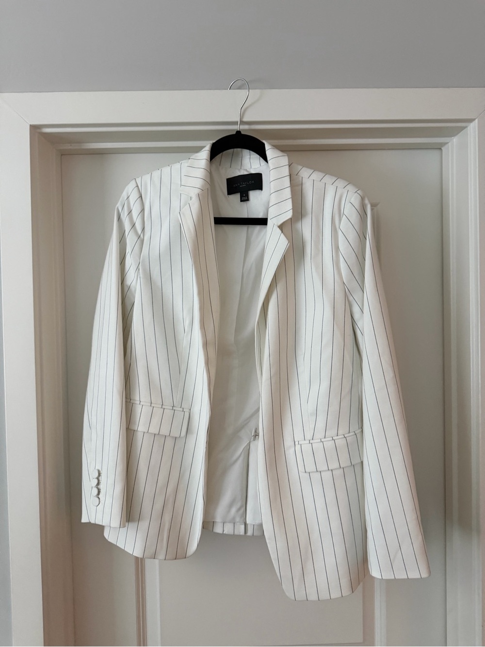 Ann Taylor White Blazer with Black Pinstripes